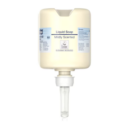 Um recipiente bege em forma de dispensador com a inscrição "Tork 420502 Mini Sabonete Líquido, Aroma Suave" com um volume de 475 ml possui uma bomba prática. Este produto da TORK – Essity Professional Hygiene Germany GmbH é concebido para uma excelente higiene das mãos e está equipado com várias marcações e logótipos, incluindo um "Ecolabel" que promove cuidados com a pele ecológicos.