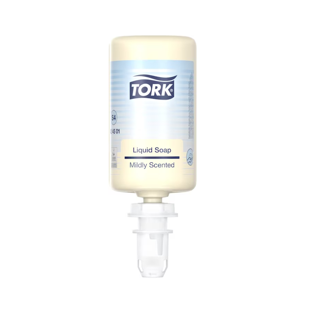 Uma garrafa transparente de sabão líquido Tork 424501 com fragrância suave e fórmula dermatologicamente testada está de cabeça para baixo, com o bico dosador claramente visível na parte inferior. Na etiqueta azul e branca, o nome da marca "TORK" da Essity Professional Hygiene Germany GmbH é claramente visível.