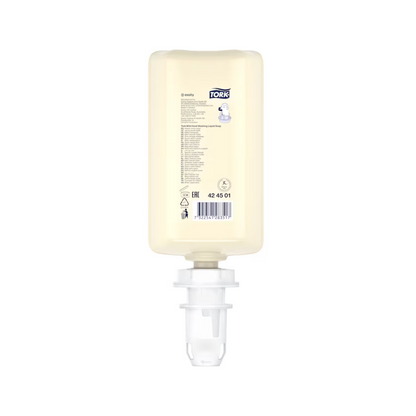 O sabão líquido Tork 424501, com fragrância suave da TORK – Essity Professional Hygiene Germany GmbH é um dispensador de sabão retangular feito de plástico transparente com um bico de bomba branco e uma etiqueta multilíngue com informações sobre o produto. A garrafa de 1000 ml, dermatologicamente testada, é engenhosamente projetada de cabeça para baixo para facilitar a dosagem.