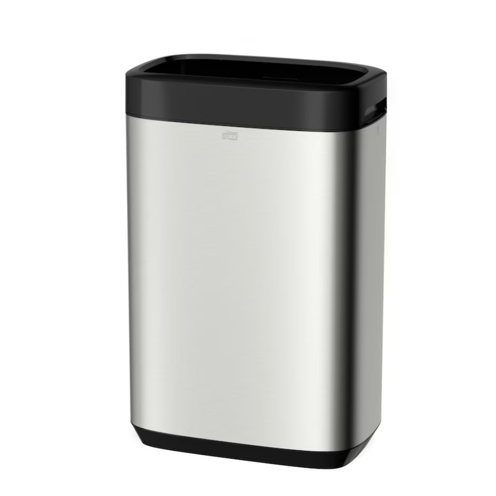 O Tork 460011 Tork Abfallbehälter Image Line, apresentado por TORK – Essity Professional Hygiene Germany GmbH, é um caixote do lixo retangular e minimalista em aço inoxidável com tampa e base pretas. O seu design em aço inoxidável oferece uma capacidade considerável de 50 litros, combinando estilo com funcionalidade e possui uma pequena pega para fácil abertura.