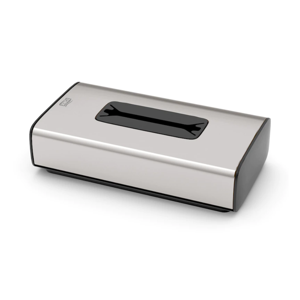O dispensador de lenços faciais Tork 460013 da coleção Image Line F1 da TORK – Essity Professional Hygiene Germany GmbH é uma caixa de lenços em aço inoxidável com uma ranhura retangular na parte superior. Apresenta-se com design em aço inoxidável, bordas pintadas de preto e um estilo minimalista, ideal para retirada de folha única.