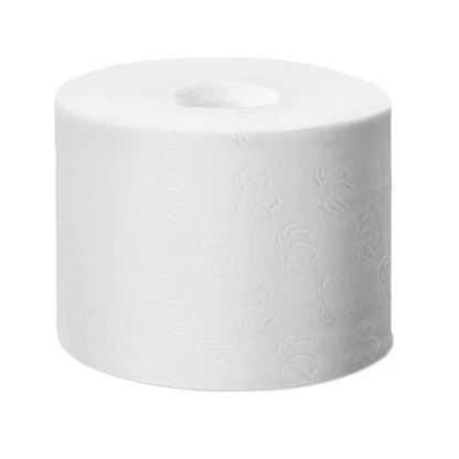 Um único rolo de papel higiénico Tork 472199 sem núcleo em branco avançado é apresentado sobre um fundo branco simples e apresenta um padrão floral subtil que destaca a excelente qualidade e o design ecológico.