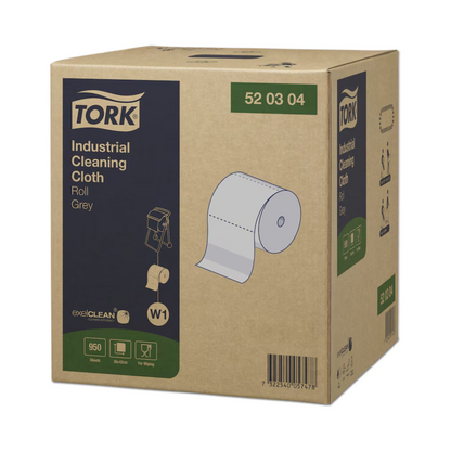 Eine Kartonschachtel mit Tork 520304 Industrie Reinigungstüchern Premium W1 1-lagig, mit einer Rollengrafik. Die Schachtel mit der Marke TORK von Essity Professional Hygiene Germany GmbH enthält graue Reinigungstücher, die sich perfekt zum Abwischen von Öl, Fett und Schmutz in industriellen Umgebungen eignen.