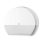 O dispensador Tork 554000 para papel higiénico Jumbo Elevation T1, fabricado pela TORK – Essity Professional Hygiene Germany GmbH, é um dispensador de papel higiénico branco montado na parede com tampa translúcida, ideal para casas de banho com alta frequência de utilização. Apresenta um design circular com uma parte superior curva e uma borda serrilhada na parte inferior, que acomoda rolos de papel higiénico Jumbo e permite ao mesmo tempo uma visão do interior.