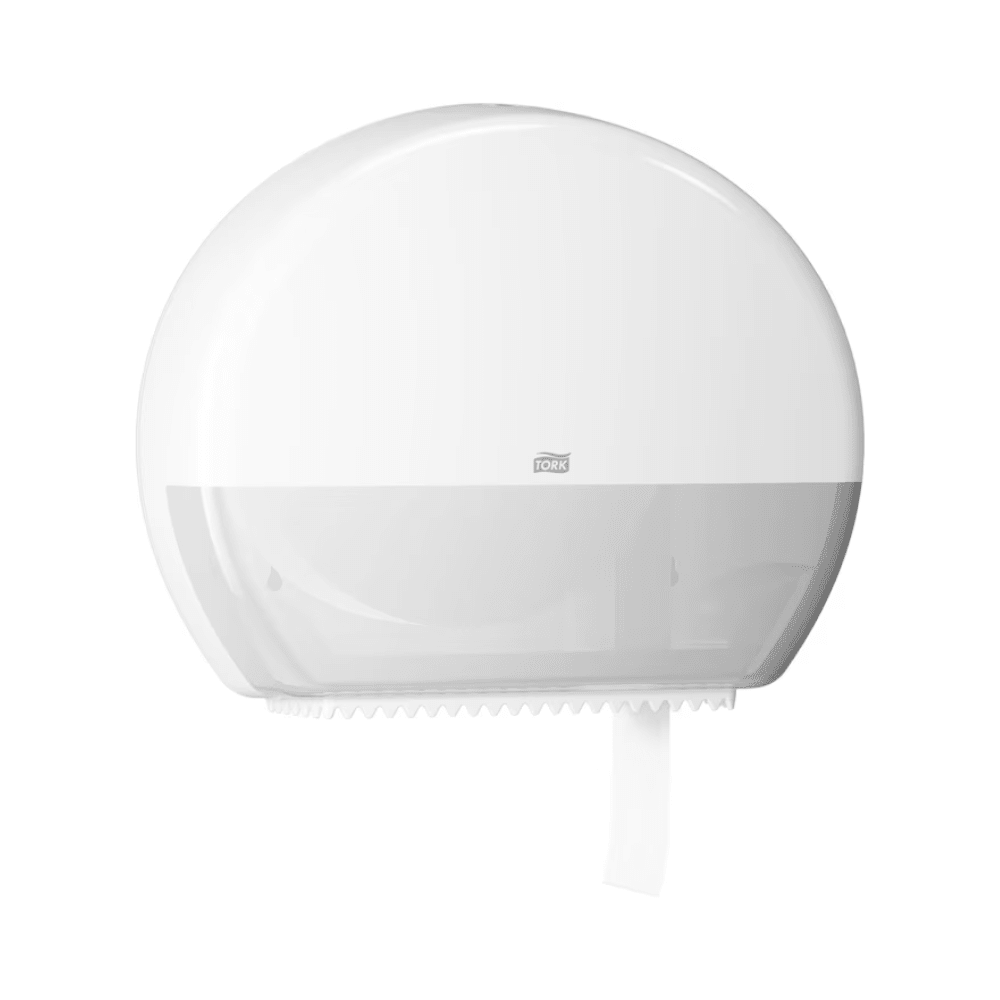 O dispensador Tork 554000 para papel higiénico Jumbo Elevation T1 da TORK, fornecido pela Essity Professional Hygiene Germany GmbH, é um dispensador de papel higiénico branco montado na parede com uma parte inferior translúcida. É concebido para casas de banho com alta frequência de utilização (casas de banho com alta frequência de visitantes) para monitorizar eficientemente o rolo de papel higiénico Jumbo no interior.