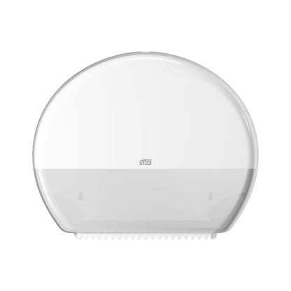 O dispensador Tork 554000 para papel higiénico Jumbo Elevation T1 da Essity Professional Hygiene Germany GmbH é um dispensador de plástico redondo branco para papel higiénico Jumbo com uma metade inferior translúcida, ideal para casas de banho com alto fluxo de visitantes. A sua superfície exterior lisa apresenta um pequeno logótipo no centro, que permite uma fácil monitorização do nível de papel no interior.