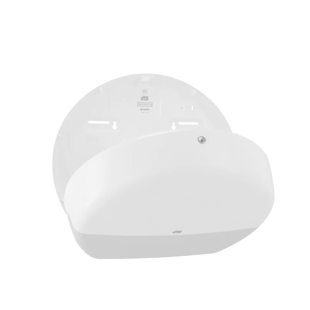 O dispensador Tork 554000 para papel higiénico Jumbo Elevation T1, concebido para casas de banho com alta frequência de visitantes, é um dispensador branco montado na parede com tampa arredondada. O dispensador é mostrado aberto para revelar o seu compartimento interno, que possui entalhes e furos para uma instalação fácil. É uma excelente escolha para uma gestão eficiente do papel higiénico Jumbo.
