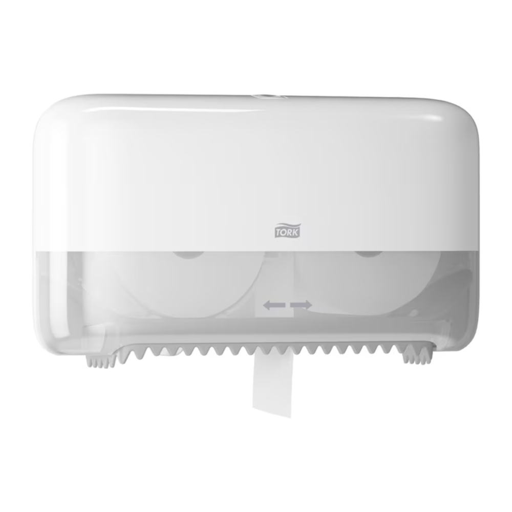 O dispensador duplo Tork 558040 para papel higiênico midi sem tubete Elevation T7 da TORK - Essity Professional Hygiene Germany GmbH possui um design branco com uma parte inferior translúcida, que libera dois rolos de papel higiênico midi no interior. O dispensador é equipado na parte inferior com uma borda serrilhada para facilitar o rasgo e destaca o aspecto ecológico do seu banheiro.