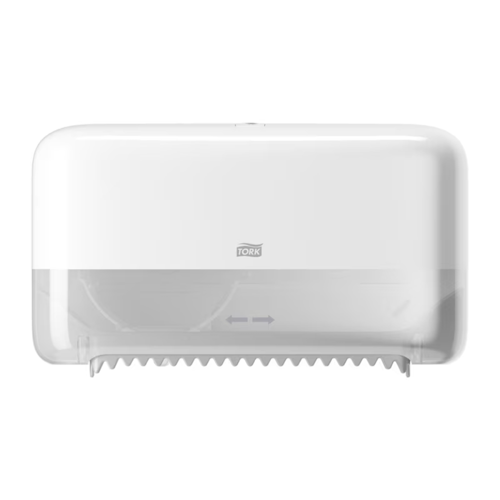 O dispensador duplo Tork 558040 para papel higiênico midi sem tubete Elevation T7 da Essity Professional Hygiene Germany GmbH é um dispensador branco para montagem na parede com a parte inferior transparente para fácil monitoramento dos rolos. Ele possui uma borda serrilhada para rasgar suavemente o papel e exibe claramente o logotipo Tork, destacando seu design ecológico.