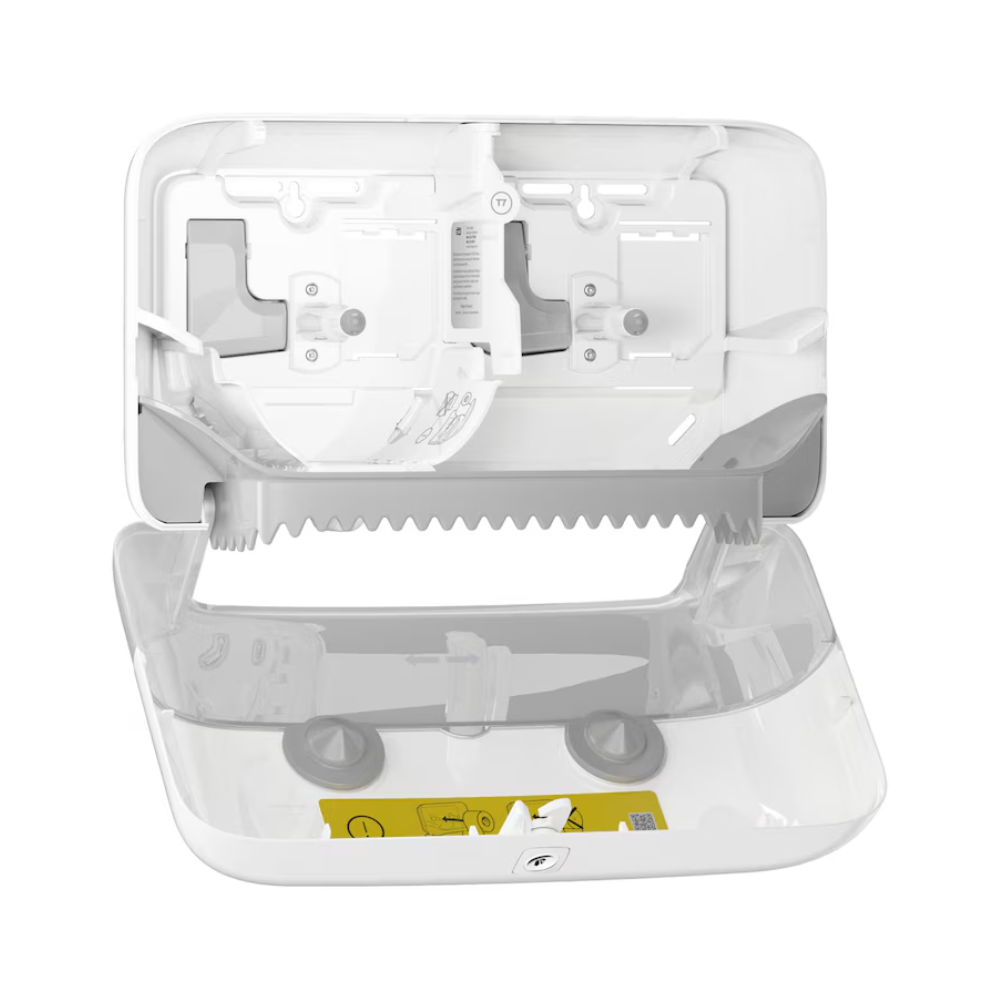 O dispensador duplo Tork 558040 para papel higiênico midi sem tubete Elevation T7 da Essity Professional Hygiene Germany GmbH possui um design aberto com seções transparentes, destacando os mecanismos internos e a funcionalidade ecológica para segurar e dispensar. Ele possui uma borda serrilhada visível, um rótulo de instrução amarelo e é compatível com papel higiênico midi sem tubete.