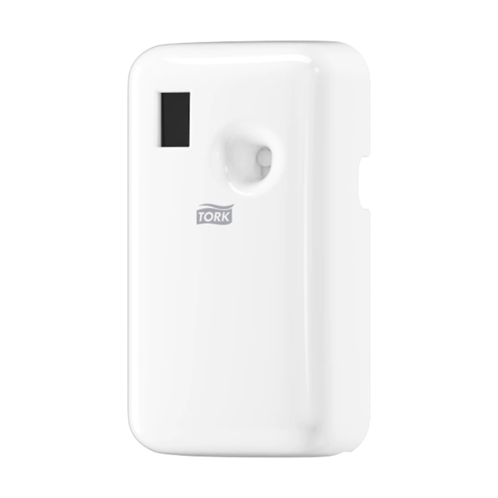 Der Tork 562000 Spender für Lufterfrischer Sprays A1 von TORK – Essity Professional Hygiene Germany GmbH ist ein weißer Spender mit schlankem, rechteckigem Design und schwarzem Displaybereich. Er verfügt über ein Aerosolsystem mit einer kleinen runden Öffnung zur Duftabgabe, ergänzt durch eine elektronische Steuerung für optimale Leistung.