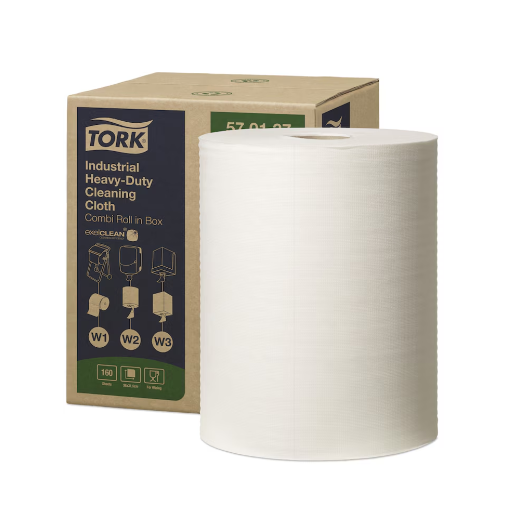 Um grande rolo de Tork 570137 Extra Forte Panos de Limpeza Industrial W1 W2 W3 1-camada, ideal para trabalhos de desengorduramento, está em frente à sua embalagem de cartão. A caixa da TORK – Essity Professional Hygiene Germany GmbH mostra imagens e etiquetas que destacam o uso versátil destes panos de limpeza reutilizáveis.
