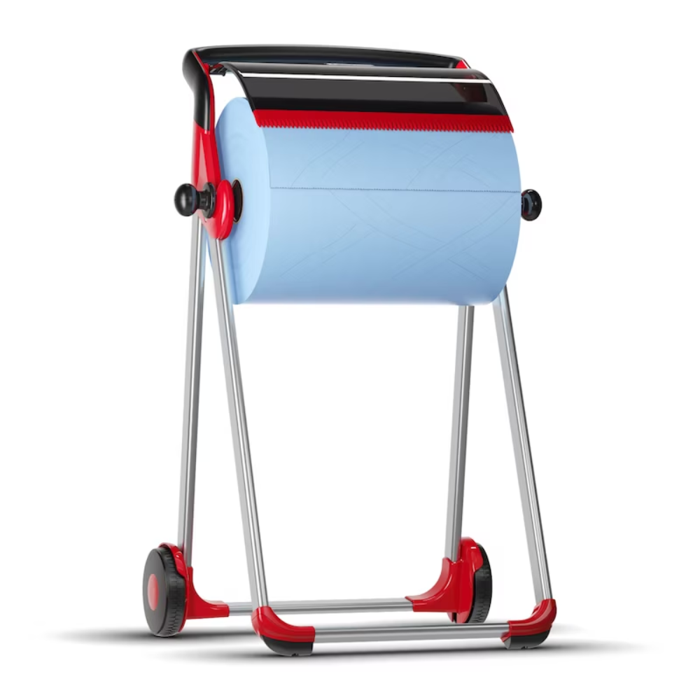 Um Tork 652008 dispensador de rolo de chão Performance W1, marca TORK – Essity Professional Hygiene Germany GmbH, comporta um grande rolo de toalha de papel e está equipado com rodas para mobilidade. O dispensador possui um design elegante em vermelho e preto e conta com uma estrutura metálica robusta e uma borda serrilhada para facilitar o rasgo das folhas.