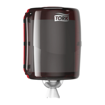 Der Tork 653008 Maxi Innenabrollungsspender Performance W2, ein Produkt von TORK – Essity Professional Hygiene Germany GmbH, ist ein schwarzer Papierhandtuchspender mit glänzender Oberfläche. Er verfügt über das Performance Design und hat ein sichtbares, aus der Unterseite herausragendes Papierhandtuch, alles geschützt durch eine spritzwassergeschützte Haube.