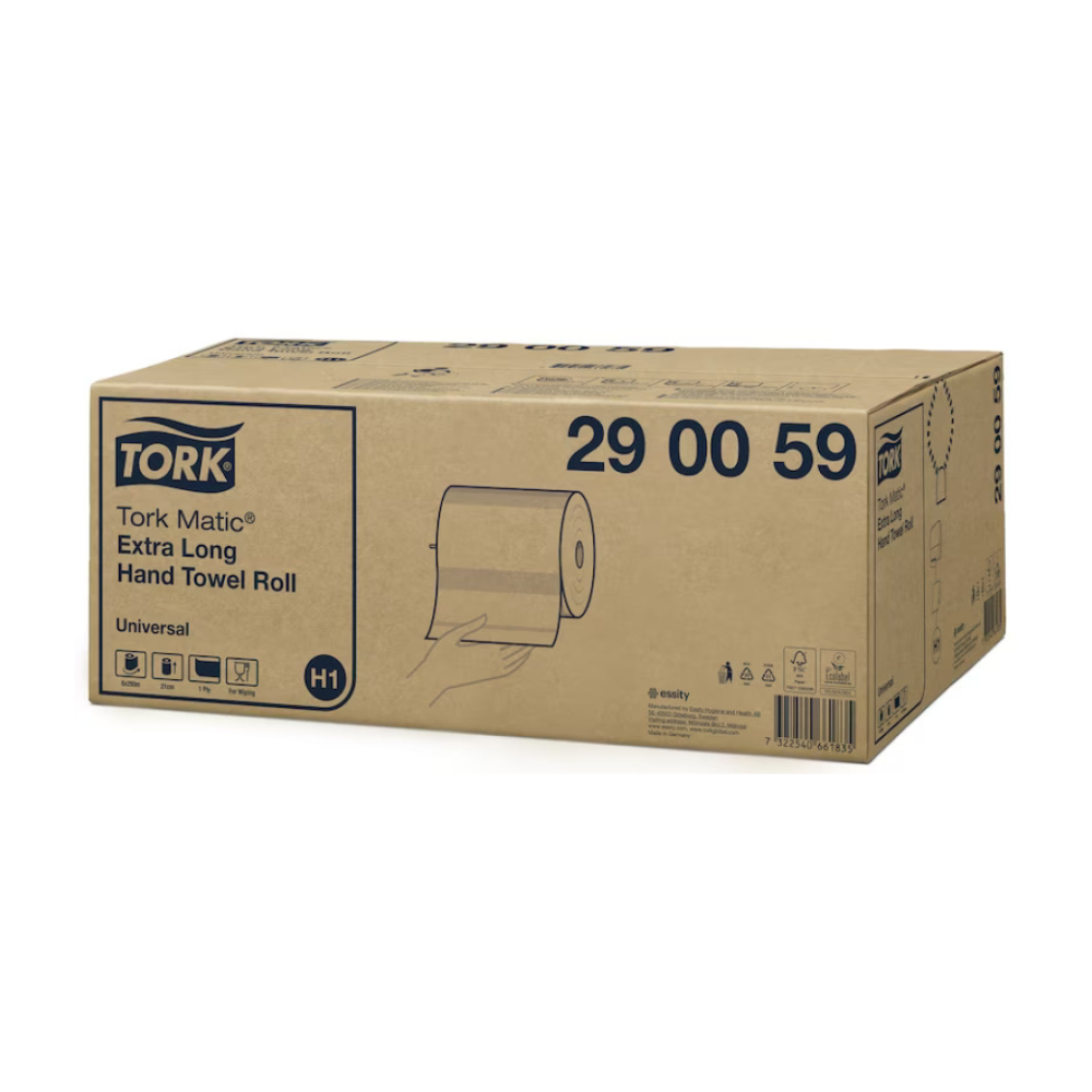 Em uma caixa com a inscrição "Tork Matic® 290059 toalha de papel extra longa Universal H1 1-camada" está ilustrada uma mão segurando um rolo de toalha de papel extra longo. A caixa fabricada pela TORK – Essity Professional Hygiene Germany GmbH contém vários símbolos de envio e manuseio e contém seis rolos.