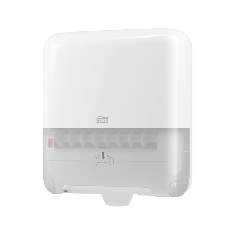 Apresentamos o dispensador de toalhas de rolo Tork Matic® 551000 Elevation H1 da TORK, Essity Professional Hygiene Germany GmbH. Este dispensador de toalhas de papel branco, montado na parede, possui uma seção inferior transparente para fácil monitoramento do nível de enchimento. Possui um mecanismo de alimentação de papel e um símbolo de mão que ajuda os usuários a retirar folhas individuais das toalhas de rolo.