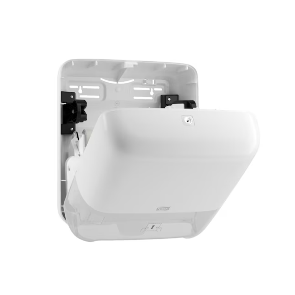 O dispensador de toalhas de rolo Tork Matic® 551000 Elevation H1 da TORK – Essity Professional Hygiene Germany GmbH é um dispensador branco elegante e moderno para montagem na parede com frente aberta, que mostra o mecanismo interno para a distribuição de folhas individuais. Possui superfícies lisas, bordas arredondadas e um indicador de nível de enchimento.
