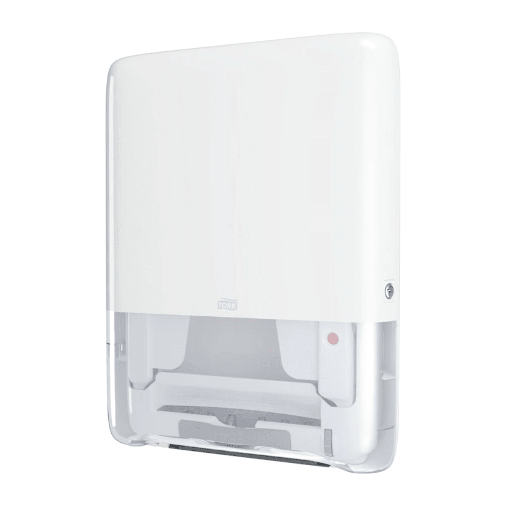 O Tork PeakServe® Mini Endlos Handtuchspender H5 da Essity Professional Hygiene Germany GmbH é um dispensador de toalhas de papel branco montado na parede com um design elegante, que é perfeito para casas de banho com muita afluência. Possui uma área inferior transparente para fácil monitorização do nível de papel e uma fechadura de chave no canto superior direito. Oferece uma eficiência semelhante aos conhecidos produtos Tork PeakServe.