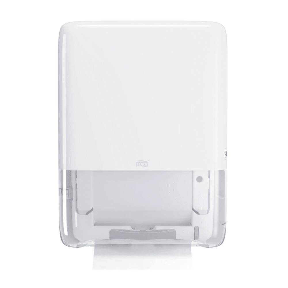 O Tork PeakServe® 552550 Mini Endlos-Handtuchspender H5, fabricado pela TORK – Essity Professional Hygiene Germany GmbH, é um dispositivo de parede branco com parte inferior transparente, onde cabe uma única folha de toalha de papel. Seu design esbelto e moderno torna-o ideal para casas de banho com muita afluência.