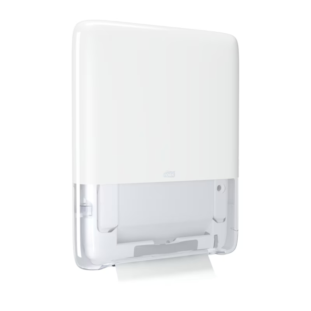 O Tork PeakServe® 552550 Mini Endlos-Handtuchspender H5 da TORK – Essity Professional Hygiene Germany GmbH é um dispensador de toalhas de papel branco montado na parede para casas de banho com muita afluência. Possui uma parte inferior transparente e um design eficiente, que é reconhecível por uma folha de papel que se destaca na parte inferior quando o dispositivo está vazio.