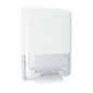 O Tork PeakServe® 552550 Mini Endlos-Handtuchspender H5 da TORK – Essity Professional Hygiene Germany GmbH é um dispensador de toalhas de papel branco montado na parede para casas de banho com muita afluência. Possui uma parte inferior transparente e um design eficiente, que é reconhecível por uma folha de papel que se destaca na parte inferior quando o dispositivo está vazio.