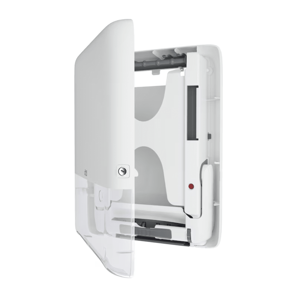 O Tork PeakServe® 552550 Mini-Endloshandtuchspender da TORK – Essity Professional Hygiene Germany GmbH possui um design branco aberto para montagem na parede com uma parte inferior transparente que mostra o mecanismo interno para segurar e dispensar toalhas de papel. Este design elegante é perfeito para casas de banho com muita afluência e garante eficiência em sanitários comerciais ou públicos muito frequentados.