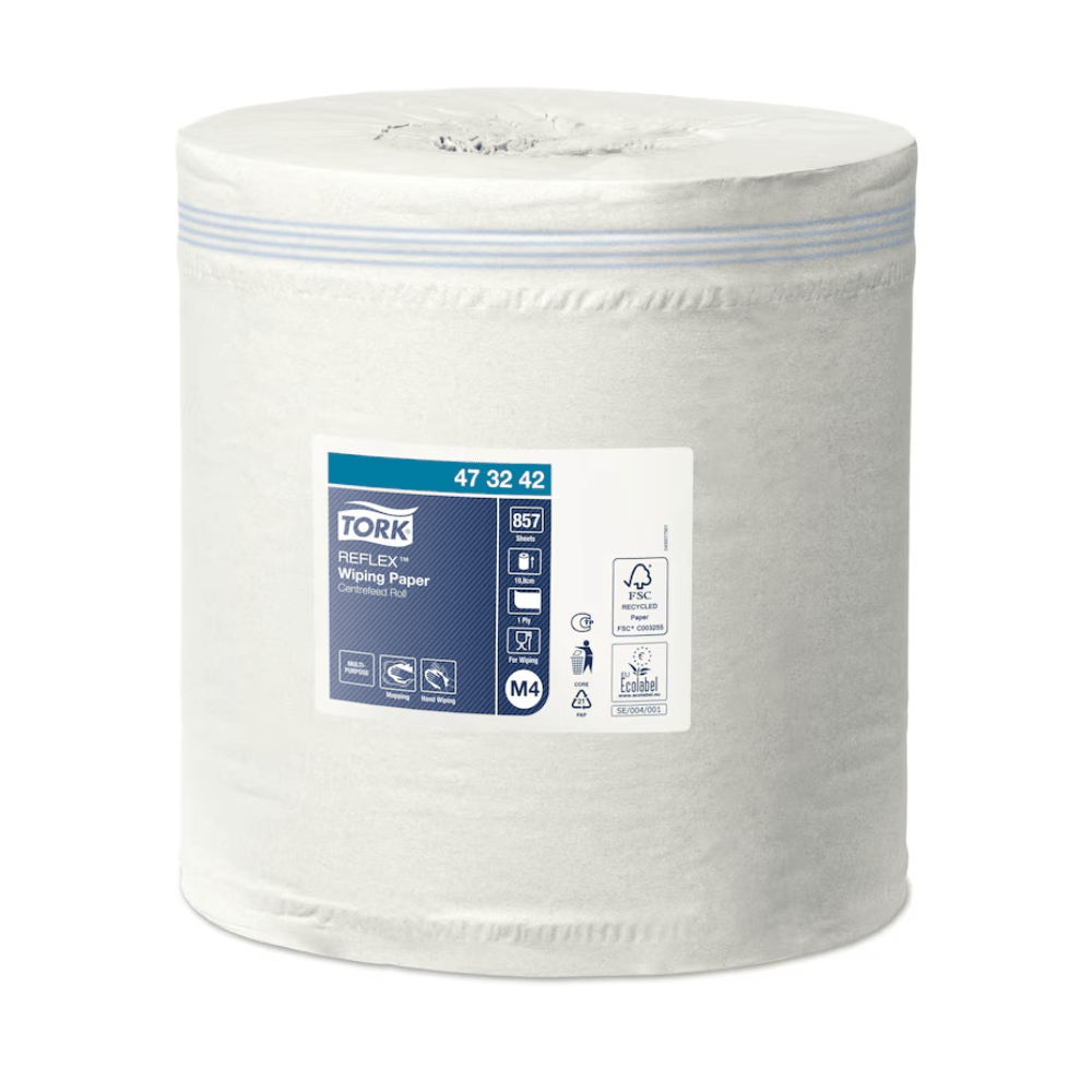 Apresenta-se um grande rolo de Tork Reflex™ Toalhas de Papel Multiuso Advanced M4 1-camada com uma etiqueta contendo informações do produto, como o código 473242 e a designação do sistema M4. A etiqueta no papel branco contém símbolos com instruções de uso e, portanto, é ideal para dispensadores de desenrolamento interno.