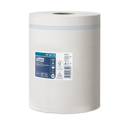 Um grande rolo de Tork Reflex™ 473472 Toalhas de Papel Multiusos Resistentes Advanced M4 é apresentado na vertical e possui a tecnologia de extração de folha única. Este papel de 2 camadas, branco com acentos azuis, possui um rótulo frontal que destaca os detalhes do produto, um código QR e símbolos para várias certificações e funcionalidades.