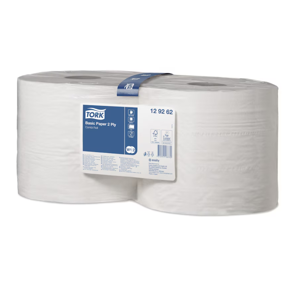 Duas grandes rolos de papel higiénico branco de 2 camadas estão embalados juntos numa embalagem transparente. Na frente há uma etiqueta azul com a inscrição "Tork 128408 Toalhetes de Papel Standard Universal W1 2-camadas" bem como detalhes do produto e símbolos, ideal para várias tarefas de limpeza ou como toalhete de papel multiusos.