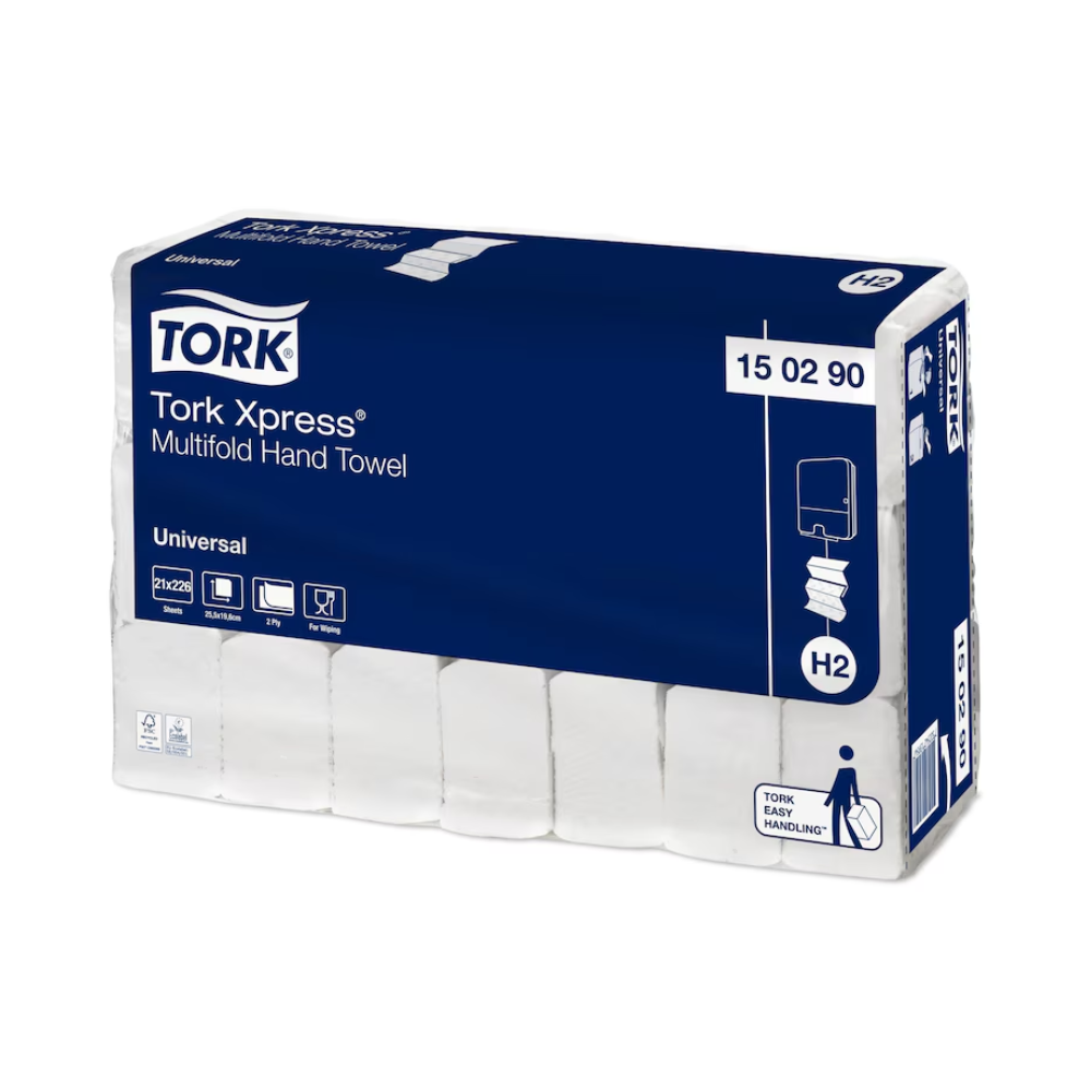 Uma embalagem de toalhas de mão dobradas Tork Xpress® 150290 com a inscrição "Universal H2" contém detalhes e especificações do produto na parte externa azul e branca. Símbolos na frente destacam o uso e a compatibilidade e ressaltam a marca TORK – Essity Professional Hygiene Germany GmbH.