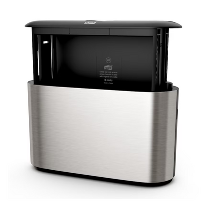 Apresentamos o dispensador de mesa Tork Xpress® 460005, um dispensador automático elegante em aço inoxidável com design moderno, ideal para toalhas de mão Multifold. Este produto da TORK – Essity Professional Hygiene Germany GmbH possui uma parte superior preta com um sensor visível no centro e aberturas laterais para uma fácil distribuição das toalhas.