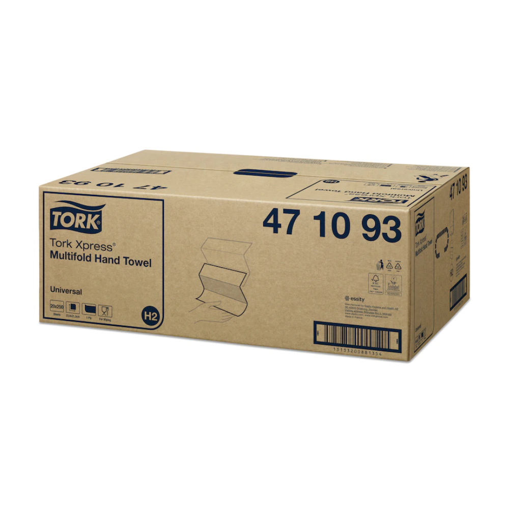 A imagem mostra uma caixa de Tork Xpress® 471093 Toalhas de Mão Multifold Universal H2 1 camada da TORK – Essity Professional Hygiene Germany GmbH. A caixa está etiquetada com informações do produto, como o número do artigo, e possui ilustrações e símbolos do Universal H2, além de um código de barras na lateral.