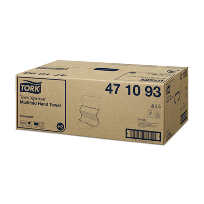 A imagem mostra uma caixa de Tork Xpress® 471093 Toalhas de Mão Multifold Universal H2 1 camada da TORK – Essity Professional Hygiene Germany GmbH. A caixa está etiquetada com informações do produto, como o número do artigo, e possui ilustrações e símbolos do Universal H2, além de um código de barras na lateral.