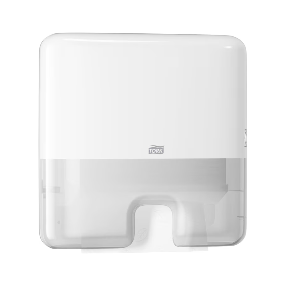 O Tork Xpress® 552100 Mini Dispensador para Toalhas Multifold Elevation H2, oferecido pela TORK – Essity Professional Hygiene Germany GmbH, é um dispensador de toalhas de papel branco montado na parede com forma retangular e pequena abertura inferior para distribuição de folhas únicas. Na frente, o logotipo da marca é visivelmente destacado, enquanto a seção translúcida permite a visualização das toalhas multifold no interior.