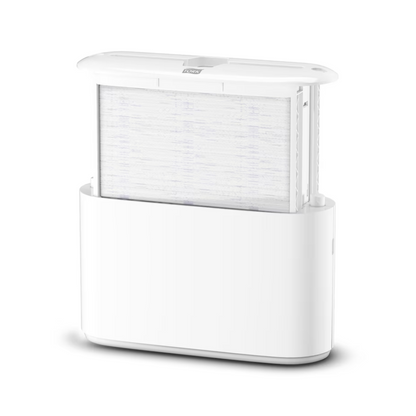 O dispensador de mesa Tork Xpress® 552200 para toalhas de mão multifolhas Elevation H2 da TORK - Essity Professional Hygiene Germany GmbH destaca-se por um design esbelto e minimalista com um filtro visível integrado na base. O filtro posicionado verticalmente melhora a estética geral e a parte superior está ligeiramente aberta para demonstrar a sua funcionalidade eficiente.