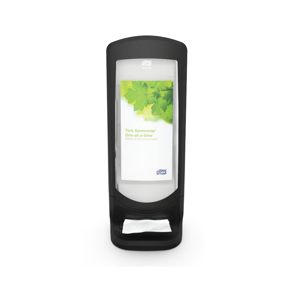 O Tork Xpressnap® 272211 Dispensador de pé e de parede N4 da TORK - Essity Professional Hygiene Germany GmbH é um dispensador preto, independente, com uma frente transparente com design de folha verde e a inscrição "Individual". Este produto de melhoria de higiene garante fácil acesso aos guardanapos, que estão convenientemente dispostos na abertura frontal.