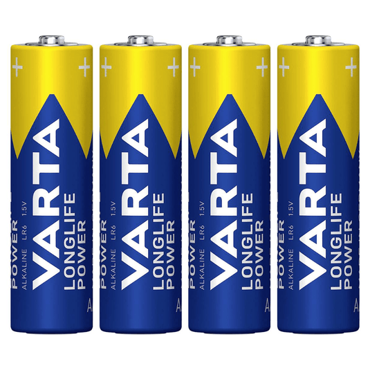 Quatro pilhas Varta AG Industrial Pro Mignon AA, dispostas verticalmente, com etiquetas de marca azuis e amarelas.
