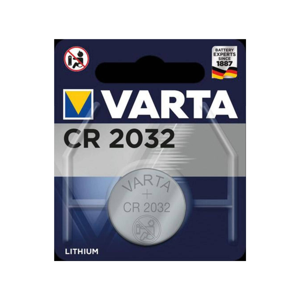 Embalagem para uma pilha de lítio CR2032 3V da Varta AG, onde o logotipo da marca e o modelo da bateria são bem visíveis, assim como o logotipo No-Baby no canto superior esquerdo.