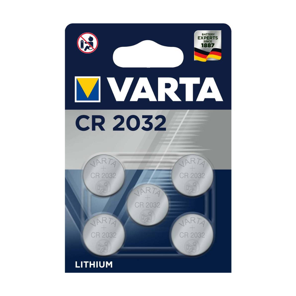 Um cartão blister com cinco pilhas de lítio CR2032 3V da Varta AG, em que a marca e o modelo da bateria são claramente visíveis. Na embalagem, há um emblema "Desde 1887" e uma função de bloqueio de acesso para crianças.