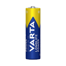 Eine Packung mit 4 Varta Longlife Power 4906 AA Batterien von Varta AG, im blauen und gelben Design, steht auf weißem Hintergrund. Perfekt für Geräte mit hohem Energiebedarf, zeigt die Verpackung Marke und Produktdetails.