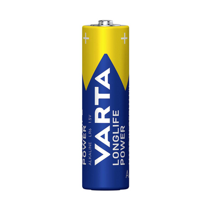 Um pacote com 4 pilhas Varta Longlife Power 4906 AA da Varta AG, no design azul e amarelo, está em fundo branco. Perfeito para dispositivos com alta demanda de energia, a embalagem mostra a marca e detalhes do produto.