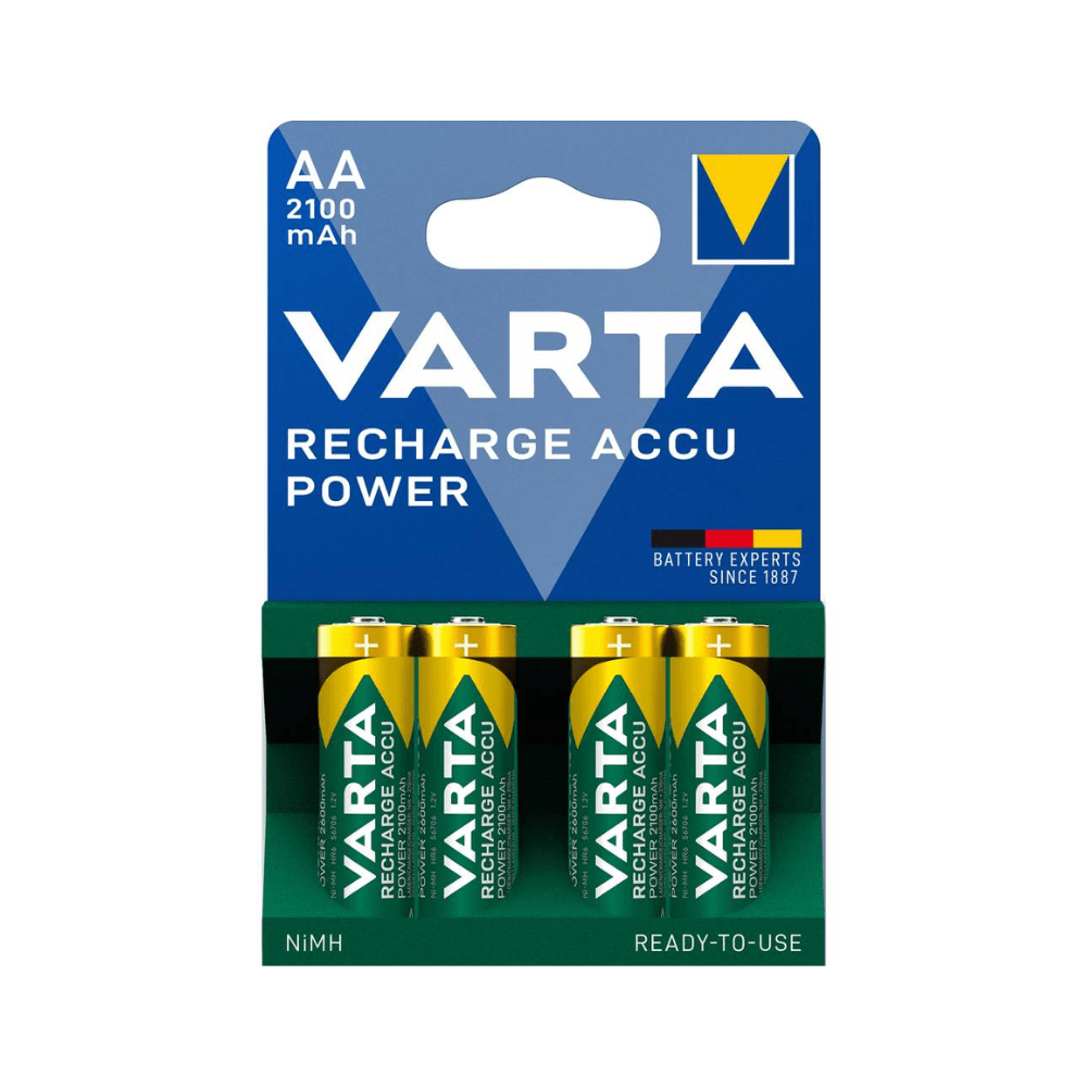 Embalagem de quatro pilhas Varta Recharge Accu Power AA 2100 mAh verde-douradas com uma capacidade de 2100 mAh, marcadas como NiMH e 'recarregáveis'.