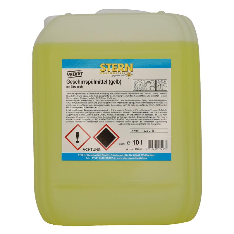 Um recipiente de plástico amarelo de 10 litros do Stern Waschmittel GmbH detergente para louça Velvet amarelo, biodegradável, com um rótulo que apresenta informações do produto, instruções de uso, avisos de segurança e um símbolo de perigo.