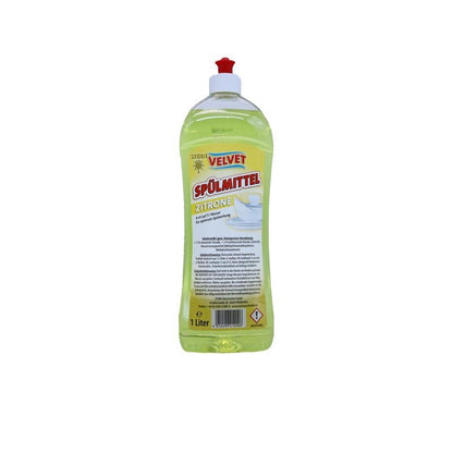 Uma garrafa de plástico de 1 litro de detergente para louça Velvet amarela da Stern Waschmittel GmbH com tampa flip-top vermelha e rótulo amarelo com informações do produto em alemão.
