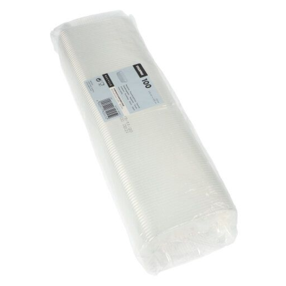 Um pacote selado com 100 copos de embalagem Starpak PP retangulares de 125 ml transparentes possui um rótulo com quantidade e detalhes. Os copos estão organizadamente empilhados e visíveis através da embalagem transparente.