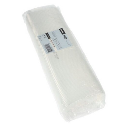 Um pacote selado com 100 copos de embalagem Starpak PP retangulares de 125 ml transparentes possui um rótulo com quantidade e detalhes. Os copos estão organizadamente empilhados e visíveis através da embalagem transparente.