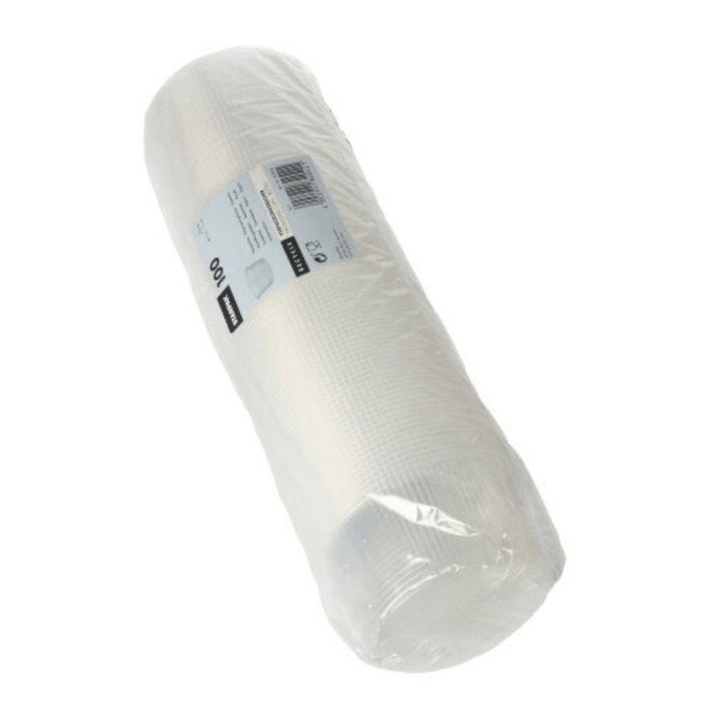 Um rolo de tecido de fibra de vidro branco embrulhado em plástico transparente com uma etiqueta da Starpak.
