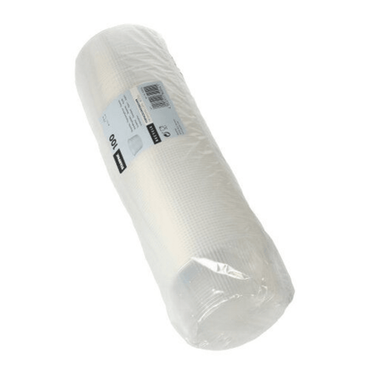 Um rolo de tecido de fibra de vidro branco embrulhado em plástico transparente com uma etiqueta da Starpak.