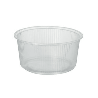 Um recipiente de plástico transparente e redondo de 250 ml da Starpak com nervuras verticais nas laterais e uma parte superior bem aberta, sobre um fundo branco.