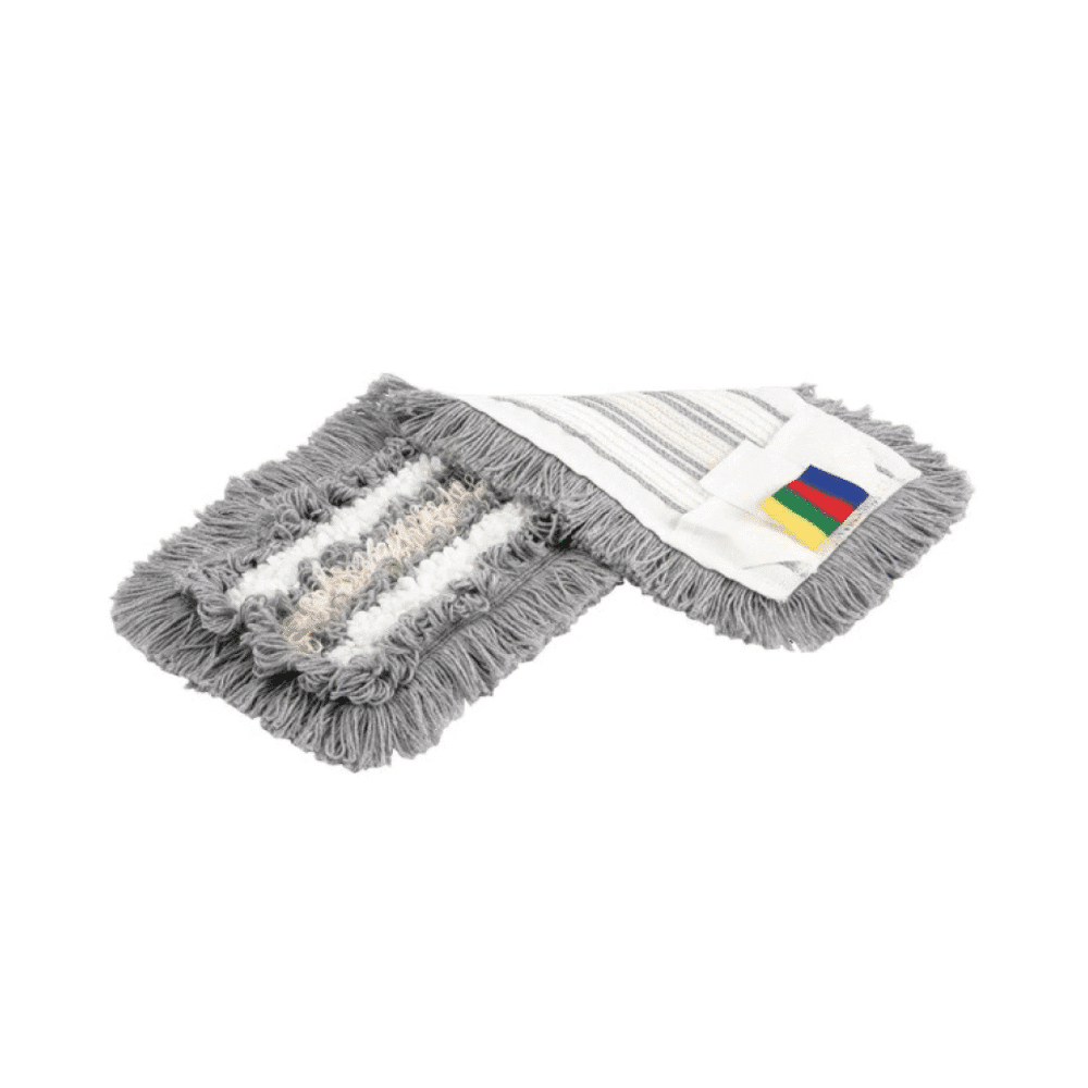 É exibido um conjunto do sistema de limpeza de piso Vileda SprayPro em aço inoxidável com fibras cinzas, brancas e bege, perfeito para profissionais de limpeza. Possui uma etiqueta multicolorida em uma extremidade e está em um fundo branco. Oferece uma solução de limpeza eficiente da Vileda GmbH.